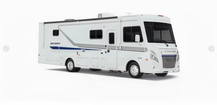 White Winnebago Intent motorhome. This RV rental, a recreational vehicle, features grey/blue stripes & storage bays.. Winnebago Intent 2018