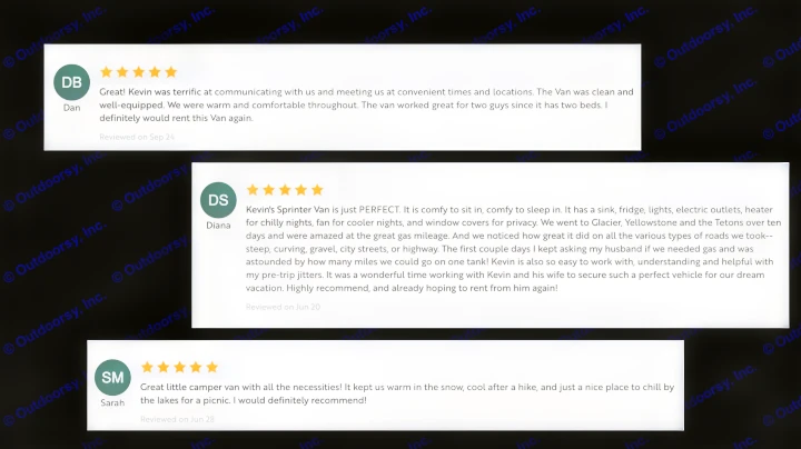 Positive customer reviews with 5-star ratings for an RV rental service, highlighting excellent experiences and amenities.. Vanworks Base Camp 2021