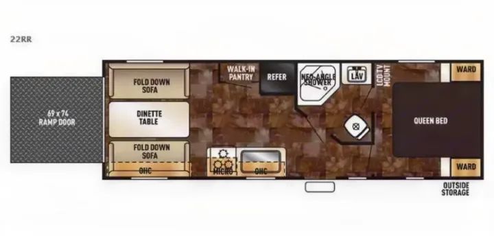RV rental: Detailed 22RR toy hauler floor plan, showing queen bed, kitchen, bath, and large ramp door.. Forest River Cherokee Grey Wolf 2016
