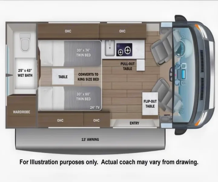 This RV rental floor plan displays a compact interior: wet bath, twin beds converting to king, kitchen, and driver's cab.. Entegra Coach Ethos 2024