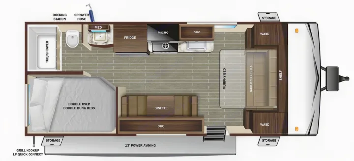 RV rental: Detailed travel trailer floor plan featuring bunk beds, bath, kitchen, dinette & murphy bed.. Starcraft Autumn Ridge 2025