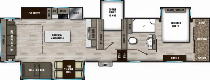 RV rental floor plan detailing a spacious interior layout with queen bed, bunk beds, kitchen, living area, and bathroom.. Coachmen Chaparral 2022