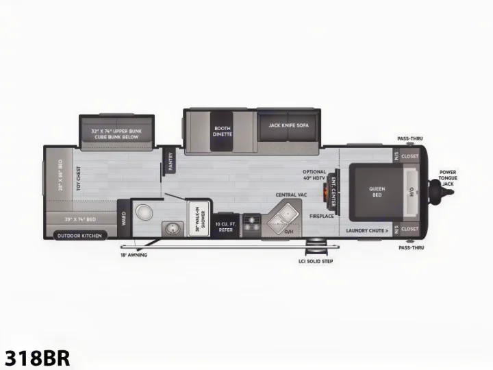 Detailed RV rental floor plan (model 318BR) showing queen bedroom, bunk beds, kitchen, dinette, and living spaces.. Keystone Hideout 2021