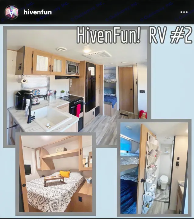 HivenFun RV #2 interior. Tour the kitchen, bedroom, bunk beds, & bath of this cozy rv rental. Perfect for your next trip!. Avenger LE 2022