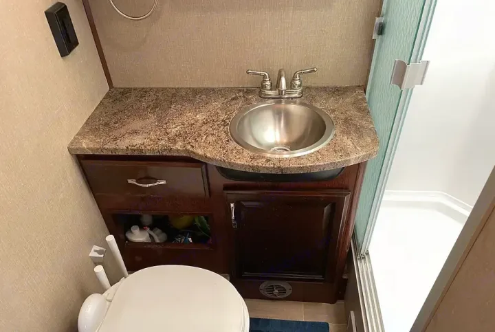 This compact RV rental bathroom includes a vanity with a silver sink, a partially visible toilet, and a glass-enclosed shower.. Flair-Fleetwood LXE 2018