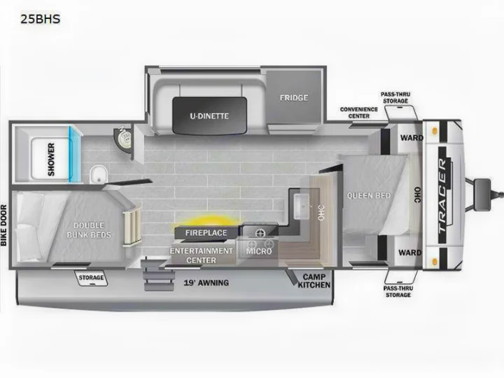 View this 25BHS Tracer RV rental floorplan: front queen bed, U-dinette, kitchen, rear bunk beds & shower. Great family layout!. primetime tracer 2024