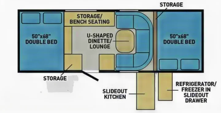 RV rental floor plan: 2 double beds (50x68"), U-dinette, slideout kitchen, storage, and fridge drawer for travel.. Air Opus OP4 2021