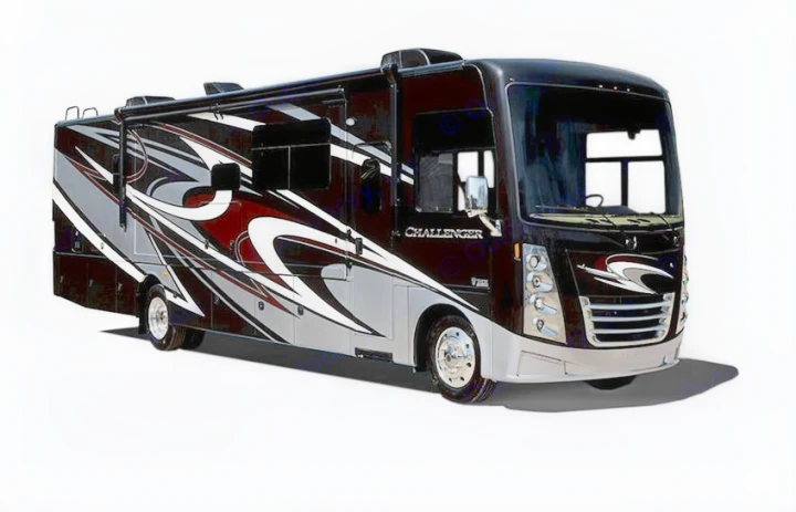 A striking black and silver Class A RV, featuring bold graphics, ready for your next comfortable RV rental trip. Travel in style.. Thor Challenger 2021