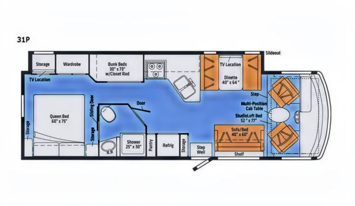 This detailed RV rental floor plan (31P) shows a queen bed, bunk beds, dinette, kitchen, and bath layout.. Winnebago Intent 2018