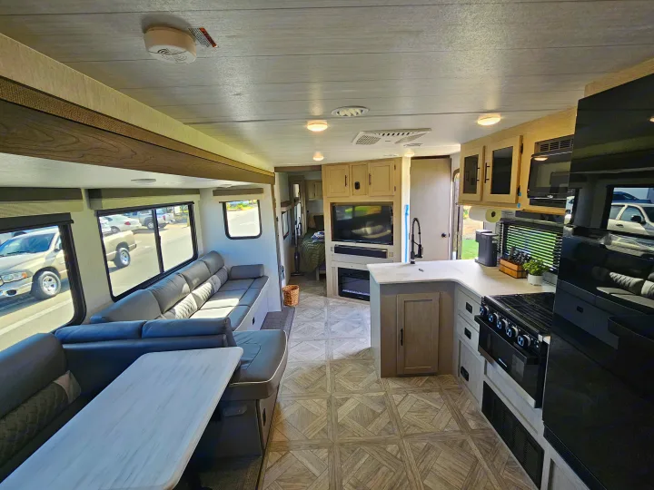 Full interior view of a modern RV rental,. Forest River Salem 2024