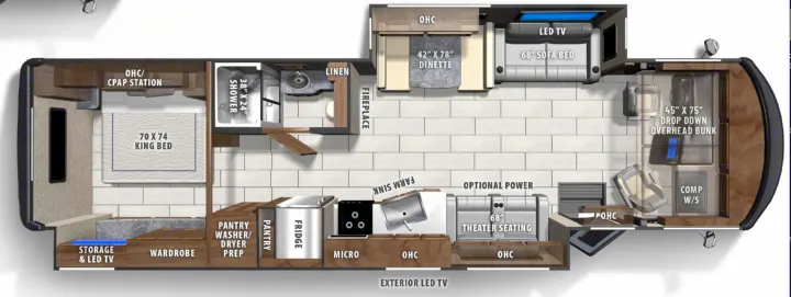 Detailed RV rental floor plan showcasing bedroom (king bed), kitchen, bath, dinette, sofa, and optional bunk for comfortable travel.. Coachmen Mirada 35OS 2023