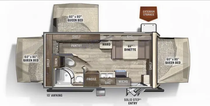 This RV rental floor plan displays a spacious layout with three queen beds, a dinette, full kitchen, and bathroom.. Rockwood Roo 2022