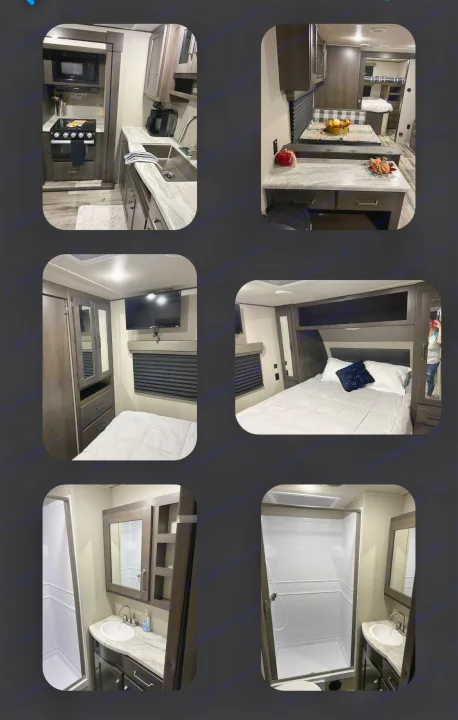 Detailed views of an RV rental: kitchen, dining, bedroom, and bathroom layouts with modern finishes.. Grand Design Transcend Xplor 2024