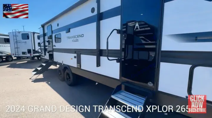 New 2024 Grand Design Transcend Xplor travel trailer, great for RV rental. White with black accents & entry steps.. Grand Design Transcend Xplor 2024