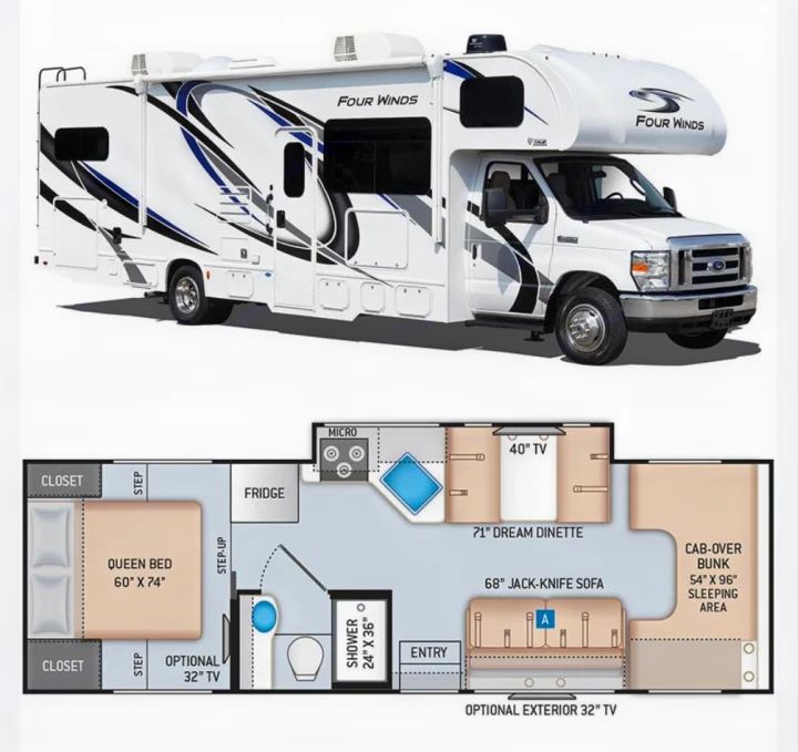Explore this Four Winds RV rental, showing its exterior and detailed interior floor plan with queen bed, dinette, and bunk.. Thor Four Winds 2021