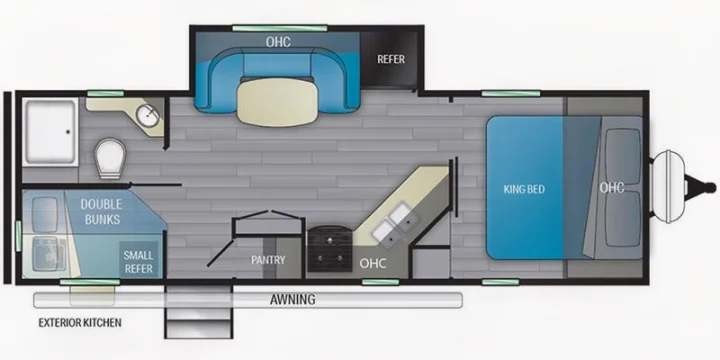 Detailed RV rental floor plan showing a king bed, double bunks, bath, kitchen, and living area. View this spacious RV interior.. Heartland mallard 2022