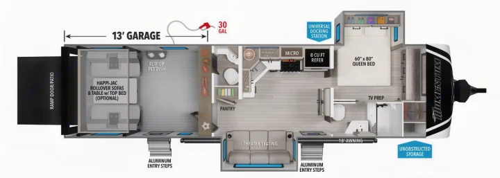 Detailed floor plan of a toy hauler RV rental, showcasing a 13' garage, queen bed, kitchen, and living space.. Grand Design Momentum Toy Hauler 2022