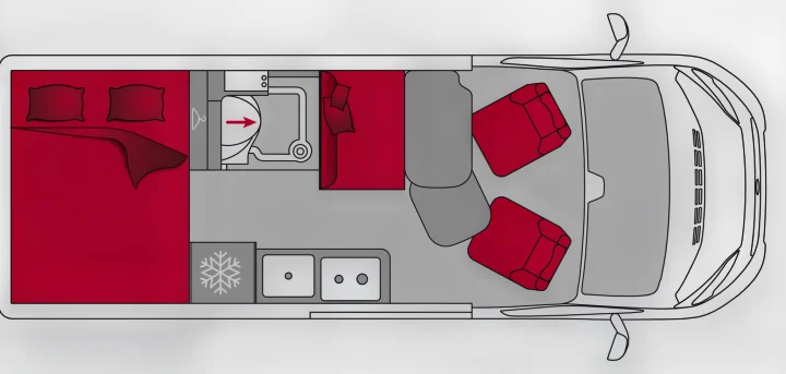 RV rental camper van floor plan. Top-down view: bed, bath, kitchen, lounge, and front cabin seats.. Pilote V600G EVIDENCE 2025