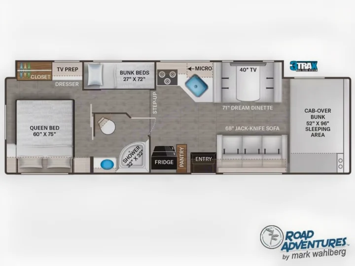 RV rental floor plan: A spacious interior with queen bed, bunk beds, dinette, and cab-over sleeping for family adventures.. Thor Motor Coach Four Winds 2026
