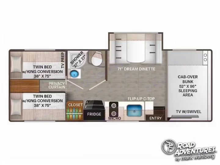 RV rental floor plan: versatile interior with twin beds, cab-over bunk, dinette, kitchen, and bath for travel.. Thor Motor Coach Four Winds 2026
