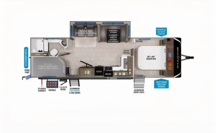 Comprehensive RV rental floor plan of the Imagine model, showing sleeping (queen bed, bunks), kitchen, and living space.. Grand Design Imagine 2018