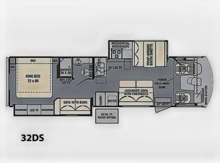 RV rental 32DS floor plan: Features a King bed, full bath, kitchen, dinette, and multiple sleeping/seating areas.. FR3 FR3 Motorhome 2017