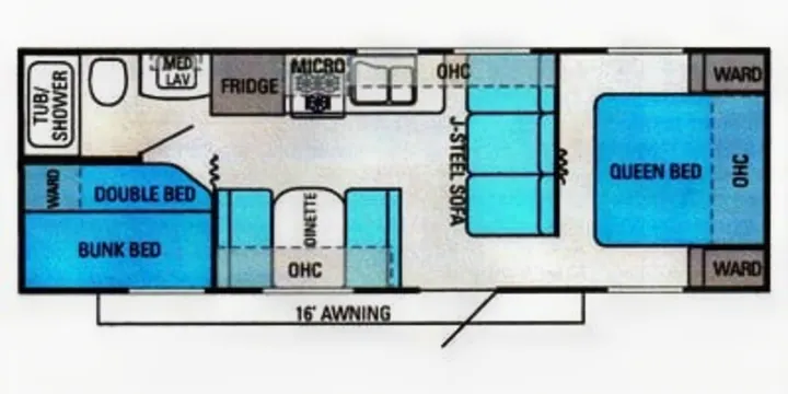 RV rental floor plan detailing the interior layout with queen & bunk beds, kitchen, bathroom, and living spaces.. Jayco Jay Flight Swift 2011