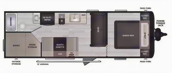 RV rental floor plan: This detailed layout highlights queen bed, bunks, dinette, kitchen, bath, and sofa.. Keystone Hideout 240BH 2025