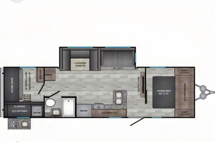 RV rental floor plan, detailing a spacious layout with a bedroom, kitchen, bathroom, dinette, and bunk beds.. Crossroads RV Zinger 2021