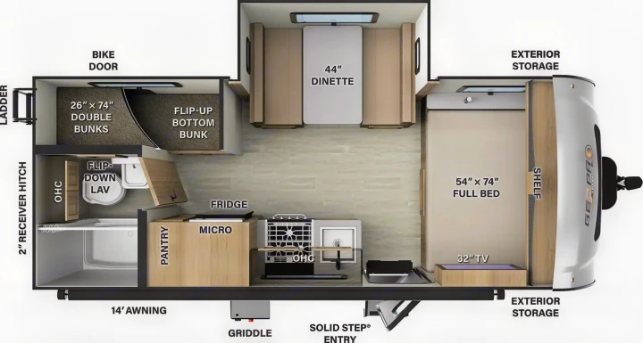 This RV rental floor plan shows a compact layout with bunks, full bed, dinette, kitchen, and bath, perfect for travel.. Forest River Rockwood Geo Pro 2024