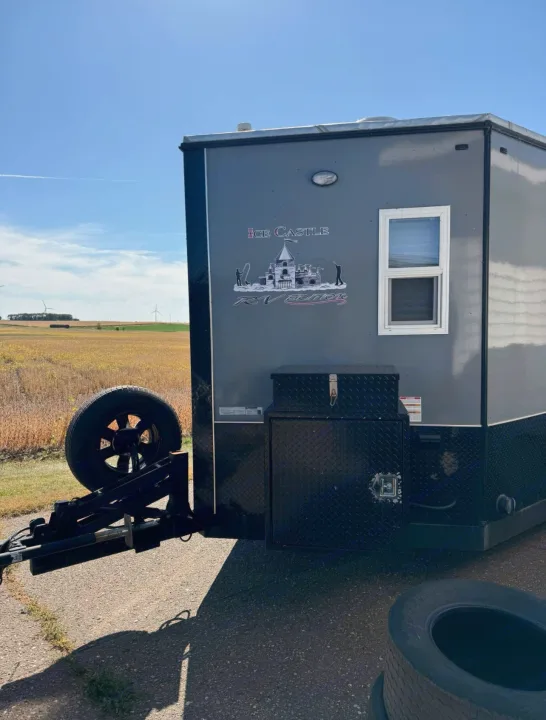 This Ice Castle RV Edition trailer, seen from the front, is ready for your next rv rental adventure. Ideal for ice fishing.. Ice Castle Fish Houses Toy Hauler 2019