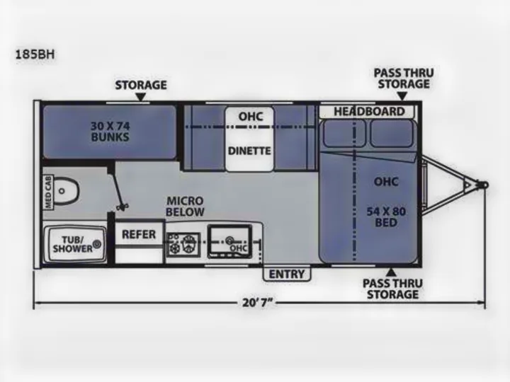 RV rental 185BH travel trailer interior floor plan: 20'7" layout with bunks, 54x80 bed, dinette, kitchen, and full bath.. Coachmen Apex 2024