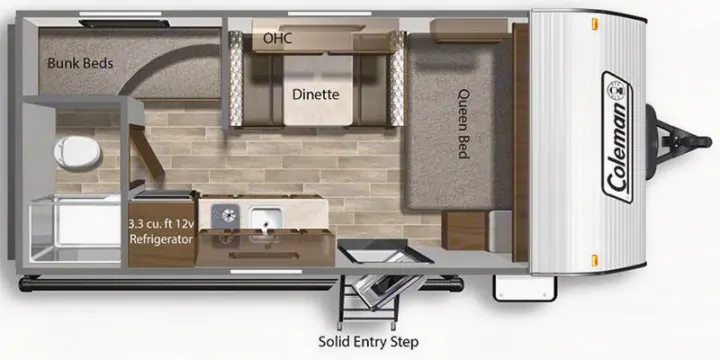 RV rental floor plan: A compact travel trailer's interior, showing queen bed, bunk beds, dinette, kitchen, and bathroom. Ideal for camping.. Keystone RV COLEMAN LANTERN LT 17B 2024