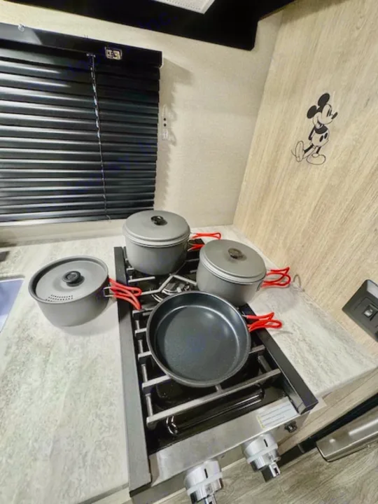 Inside an RV rental: Compact kitchen with gray pots/pans on a 2-burner stove & Mickey Mouse decal.. Forest river Aurora 2025