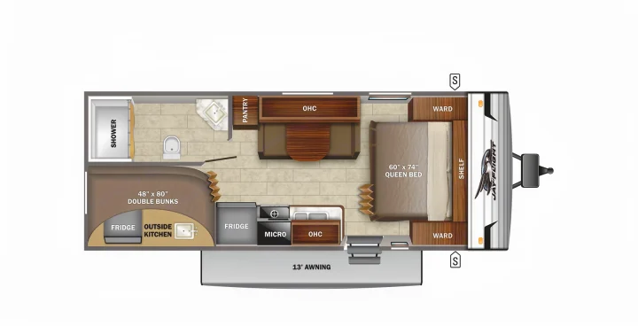 An RV rental floor plan illustrating the interior layout with a queen bed, bunk beds, kitchen, bathroom, and 13' awning.. Jayco Jay Flight SLX 2022