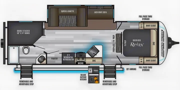 RV rental floor plan: Alpha Wolf travel trailer with queen bed, bunks, U-dinette, kitchen, bath, and outdoor kitchen.. Forest River Cherokee Alpha Wolf 2021