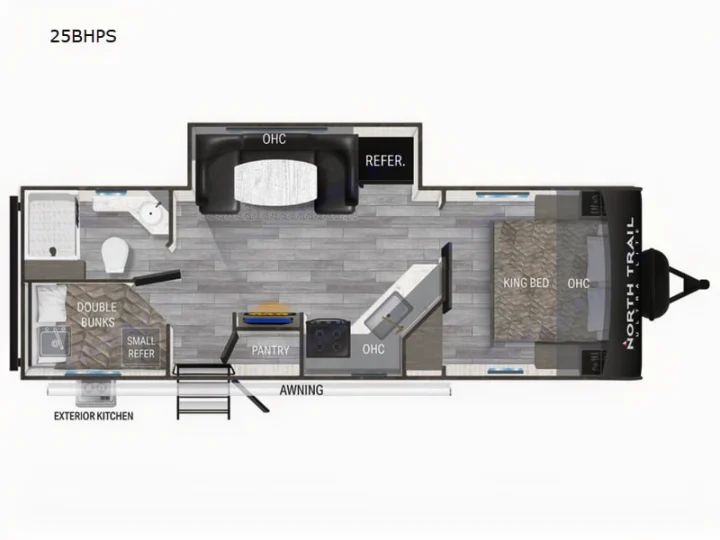 This RV rental floor plan shows a 25BHPS model with a king bed, double bunks, kitchen, bath, and awning.. Heartland RVs North Trail 2024