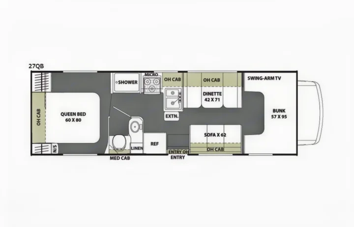 Overhead RV rental floor plan (27QB) showing a queen bed, bunk, dinette, kitchen, and bathroom layout for travel planning.. Coachmen Freelander 2018
