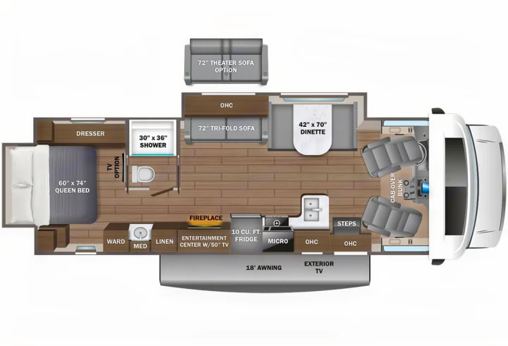 RV rental floor plan showcasing a spacious interior layout with queen bed, dinette, kitchen, and bath.. Entegra Odyssey 30Z 2024