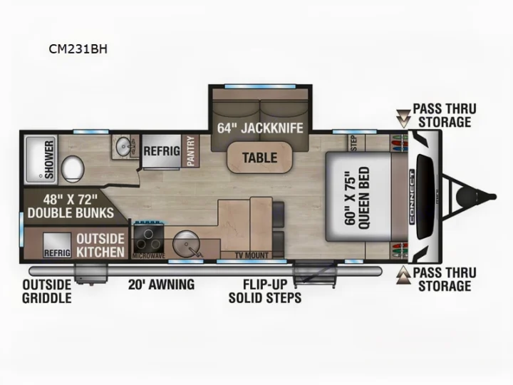 RV rental floor plan (CM231BH) detailing a queen bed, double bunks, full kitchen, bathroom, and outdoor features.. K-Z Manufacturing Connect Mini 231BH 2025