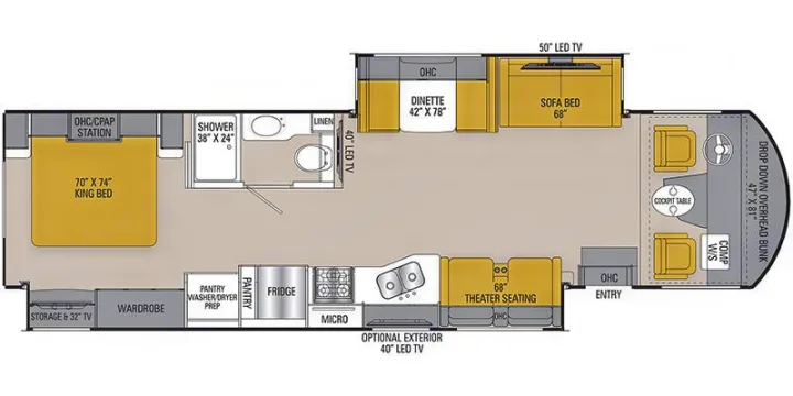 RV rental motorhome floor plan, showing a spacious interior with king bed, kitchen, bath, & multiple seating/sleeping areas.. Coachmen Mirada 2019
