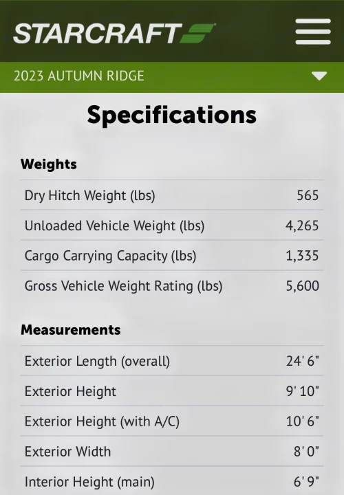 Specifications for a 2023 Autumn Ridge RV, detailing weights & measurements. Essential info for rv rental planning.. Jayco Autumn Ridge 20MB 2023