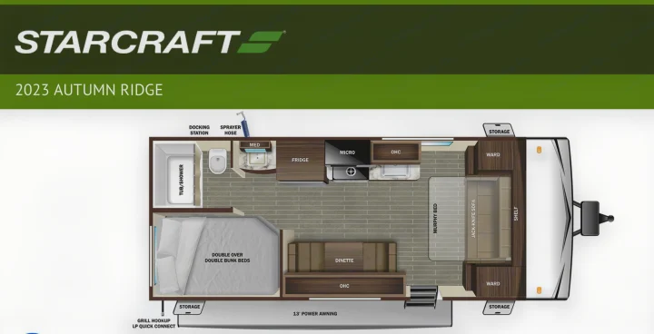 2023 Starcraft Autumn Ridge RV floorplan. This detailed interior layout is perfect for rv rental, showing sleeping, kitchen, bath areas.. Jayco Autumn Ridge 20MB 2023