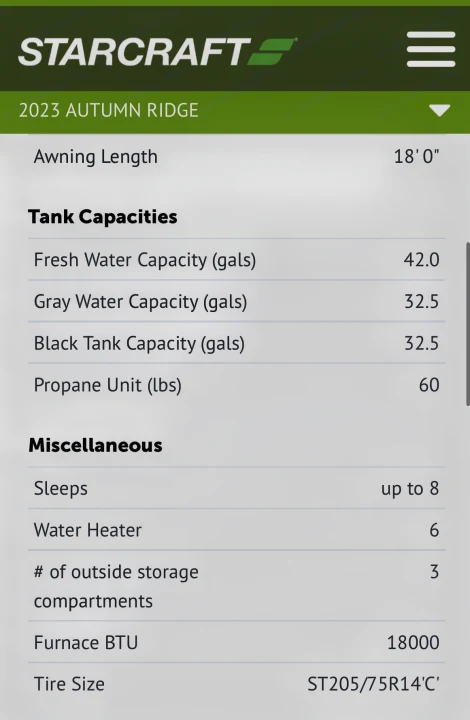 This RV rental specification sheet for a 2023 Starcraft Autumn Ridge details tank capacities, sleeping, and more RV features.. Jayco Autumn Ridge 20MB 2023