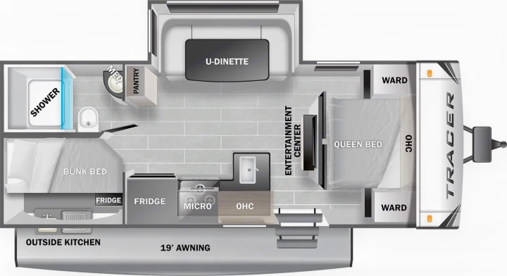 This RV rental floor plan displays a Tracer travel trailer's interior layout with a queen bed, bunk beds, kitchen, and dinette.. Forest River Tracer 2022
