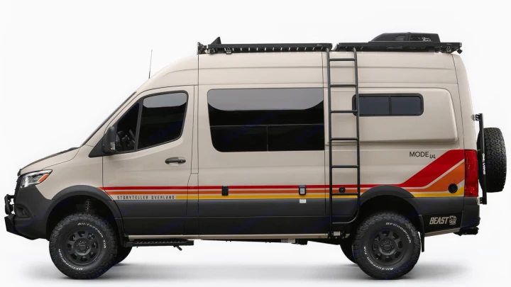 This customized Storyteller Overland adventure van, with its rugged tires and roof rack, is an ideal RV rental for outdoor excursions.. Storyteller Overland Beast Mode 2023