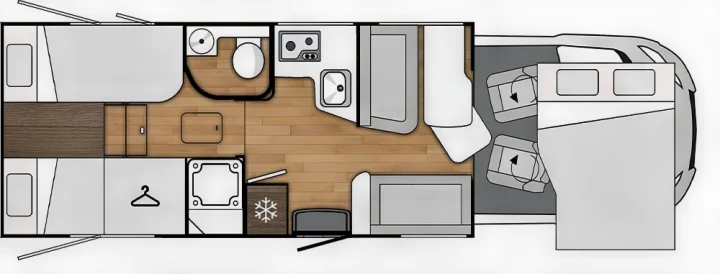 Top-down RV rental floor plan, illustrating interior with beds, kitchen, bathroom, and front seating/dining areas.. Benimar Tessoro 463UP 2025