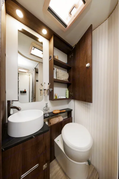 Modern RV rental bathroom: white vessel sink, toilet, mirror, and dark wood storage shelves, illuminated by overhead lights and a skylight.. Benimar Tessoro 463UP 2025
