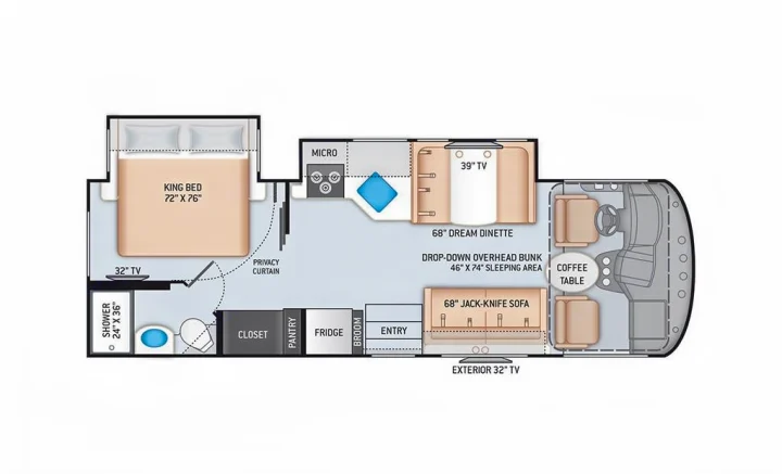 This RV rental floor plan details a spacious layout featuring a king bed, dinette, jack-knife sofa, and full kitchen/bath.. Thor A.C.E. 2020