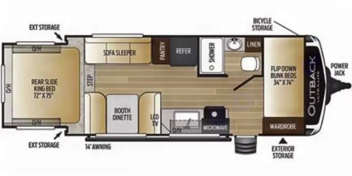 Detailed RV rental floor plan: king bed, bunk beds, dinette, kitchen, bath, & storage. Perfect for planning your next trip.. Keystone RV Outback Ultra-Lite 2022